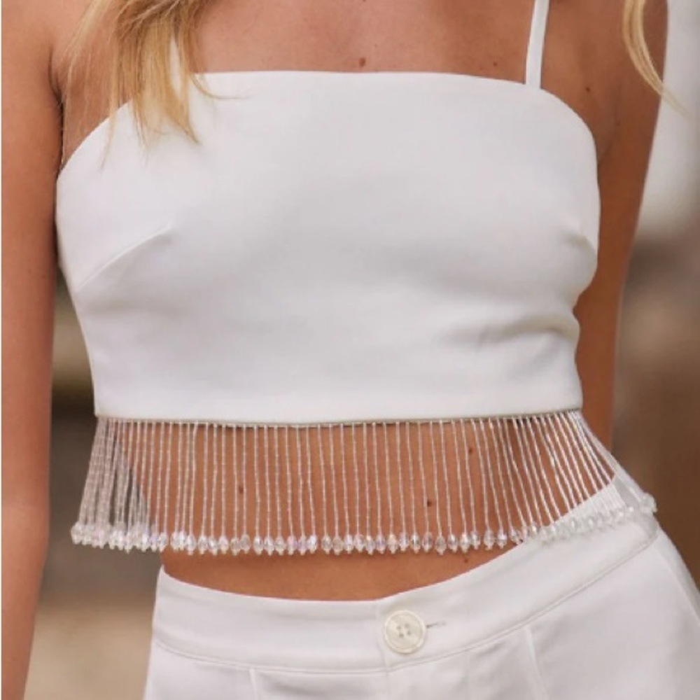 12th Tribe Torrey White Satin Beaded Fringe Crop Top Size Large
